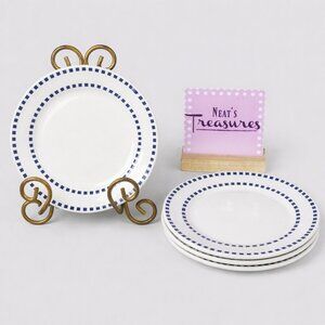 Totally Today White Blue Squares Band Smooth Ceramic Salad Dessert Plates Set 4
